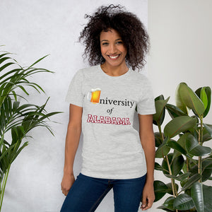 White cotton t-shirt.  University of Alabama with beer mug.