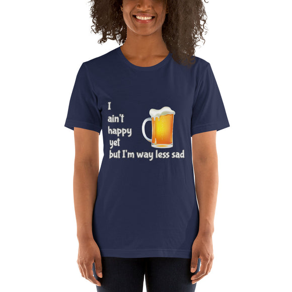 Navy blue cotton t-shirt.  I ain't happy yet but I'm way less sad with beer mug.