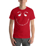 Red cotton t-shirt with It's a very good day for a good day smiley face.