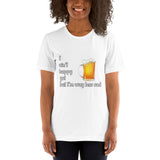 White cotton t-shirt. I ain't happy yet but I'm way less sad with beer mug.